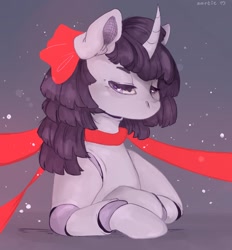 Size: 1616x1744 | Tagged: safe, artist:zortie, imported from derpibooru, oc, oc only, pony, unicorn, bow, bust, curved horn, hair bow, lidded eyes, solo