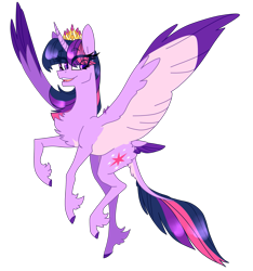 Size: 2137x2279 | Tagged: safe, artist:ajue, artist:spider-vore, imported from derpibooru, twilight sparkle, alicorn, classical unicorn, pony, unicorn, chest fluff, cloven hooves, colored hooves, colored pupils, colored wings, colored wingtips, crown, cute, eye clipping through hair, female, fluffy, jewelry, leg fluff, leonine tail, mare, multicolored wings, regalia, simple background, solo, transparent background, twiabetes, twilight sparkle (alicorn), unshorn fetlocks