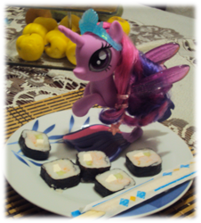 Size: 627x694 | Tagged: safe, artist:24-1, imported from derpibooru, twilight sparkle, alicorn, pony, food, irl, photo, solo, sushi, toy, twilight sparkle (alicorn)