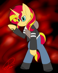 Size: 1024x1280 | Tagged: safe, artist:dr-papa, imported from derpibooru, sunset shimmer, pony, unicorn, [prototype], alex mercer, bipedal, clothes, crossover, female, solo