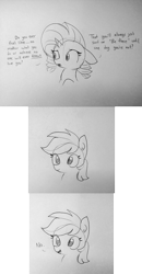 Size: 1920x3696 | Tagged: safe, artist:tjpones, imported from derpibooru, rainbow dash, rarity, pegasus, pony, unicorn, bust, comic, dialogue, duo, ear fluff, existential crisis, female, floppy ears, grayscale, insensitivity, lineart, mare, monochrome, sad, simple background, traditional art