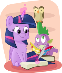 Size: 1029x1200 | Tagged: safe, artist:batonya12561, imported from derpibooru, owlowiscious, spike, twilight sparkle, alicorn, dragon, book, chibi, comic, cute, quill, short hair, simple background, twilight sparkle (alicorn)