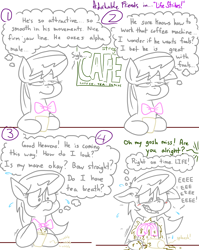 Size: 4779x6013 | Tagged: safe, artist:adorkabletwilightandfriends, imported from derpibooru, octavia melody, earth pony, pony, comic:adorkable twilight and friends, absurd resolution, adorkable, adorkable friends, blushing, cafe, comic, cute, dork, eeee, embarrassed, food, humor, lineart, offscreen character, slice of life, spill, tavi, tea, wet, wet bowtie