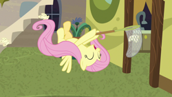 Size: 1280x720 | Tagged: safe, imported from derpibooru, screencap, fluttershy, pegasus, pony, discordant harmony, butterfly net, butterfly sandwich, cute, female, happy, mare, shyabetes, solo