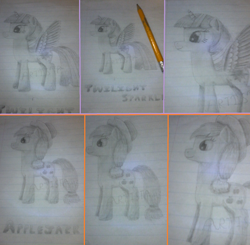 Size: 1884x1844 | Tagged: safe, artist:valeriethepunkgirl, imported from derpibooru, applejack, twilight sparkle, alicorn, earth pony, pony, female, irl, lined paper, mare, pencil, pencil drawing, photo, traditional art, twilight sparkle (alicorn)