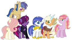 Size: 2448x1380 | Tagged: safe, artist:leanne264, imported from derpibooru, oc, oc only, oc:cupcake, oc:harmony shield, oc:ocean melody, oc:pentagram, oc:thunder, oc:wolf paw, hybrid, pegasus, pony, unicorn, armor, base used, clothes, female, guard armor, hair over eyes, hoodie, interspecies offspring, magical lesbian spawn, mare, next generation, offspring, parent:applejack, parent:bulk biceps, parent:derpy hooves, parent:discord, parent:flash sentry, parent:fluttershy, parent:pinkie pie, parent:rainbow dash, parent:rarity, parent:royal guard, parent:tempest shadow, parent:twilight sparkle, parents:applecord, parents:derpypie, parents:flashdash, parents:flutterbulk, parents:tempestlight, simple background, transparent background