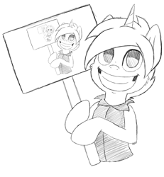 Size: 1896x2048 | Tagged: safe, artist:theartistsora, edit, imported from derpibooru, oc, oc only, oc:crusader, pony, unicorn, creepy, creepy smile, droste effect, exploitable meme, grin, meme, monochrome, recursion, sign, smiling, solo