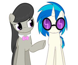 Size: 900x750 | Tagged: safe, artist:erthilo, imported from derpibooru, dj pon-3, octavia melody, vinyl scratch, earth pony, pony, unicorn, ask octavia, duo, duo female, female, mare, raised hoof, simple background, sunglasses, white background