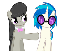 Size: 900x750 | Tagged: safe, artist:erthilo, imported from derpibooru, dj pon-3, octavia melody, vinyl scratch, earth pony, pony, unicorn, ask octavia, duo, duo female, female, mare, pushing, simple background, sunglasses, white background