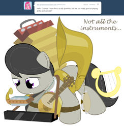 Size: 1000x1026 | Tagged: safe, artist:erthilo, imported from derpibooru, octavia melody, earth pony, pony, ask octavia, accordion, banjo, cymbals, female, harmonica, lyre, mare, musical instrument, simple background, solo, tambourine, tuba, white background