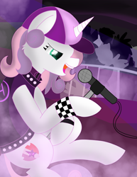 Size: 2550x3300 | Tagged: safe, artist:skyflys, imported from derpibooru, sweetie belle, pony, clothes, cute, cutie mark, female, hat, jacket, leather jacket, microphone, older, punk, singing, solo, the cmc's cutie marks