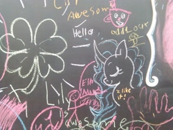 Size: 2592x1944 | Tagged: safe, artist:swift-wind, imported from derpibooru, oc, oc only, pony, unicorn, chalkboard, clover, curved horn, female, four leaf clover, mare, solo, traditional art