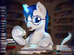 Size: 1450x1080 | Tagged: safe, artist:tokokami, imported from derpibooru, oc, oc only, oc:elitepony, pony, book, bookshelf, faic, glasses, glowing horn, hoers, hoof hold, indoors, inkwell, library, magic, pencil, quill, reading, solo, telekinesis