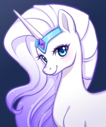 Size: 513x615 | Tagged: safe, artist:shusu, imported from derpibooru, rarity, pony, unicorn, leak, spoiler:g5, blue background, female, g5, g5 concept leak style, g5 concept leaks, gradient mane, headband, looking at you, mare, rarity (g5 concept leak), rarity (g5), simple background, smiling, solo