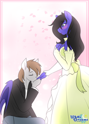 Size: 2282x3175 | Tagged: safe, artist:xwhitedreamsx, imported from derpibooru, oc, oc only, anthro, bat pony, anthro oc, bat pony oc, blushing, breasts, clothes, dress, female, hand kiss, kissing, kneeling, male, oc x oc, shipping, straight