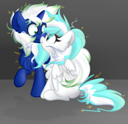 Size: 1024x987 | Tagged: safe, artist:lbrcloud, artist:littleblackraencloud, imported from derpibooru, oc, oc only, oc:mimic, oc:scribble, pegasus, pony, unicorn, chest fluff, cute, ear fluff, electricity, female, fluffy, looking at each other, male, mare, ocbetes, raised hoof, scrunchy face, sitting, stallion, standing, static