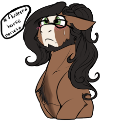 Size: 512x512 | Tagged: safe, artist:azraelartz, artist:theecchiqueen, imported from derpibooru, oc, oc only, oc:walter nutt, pony, beard, blaze (coat marking), blushing, chest fluff, descriptive noise, facial hair, floppy ears, glasses, horse noises, male, nervous, simple background, solo, stallion, telegram sticker, transparent background