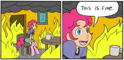 Size: 1349x659 | Tagged: safe, artist:dj-black-n-white, imported from derpibooru, oc, oc only, oc:pogo, satyr, coffee, fire, gunshow, meme, offspring, parent:pinkie pie, reaction image, this is fine