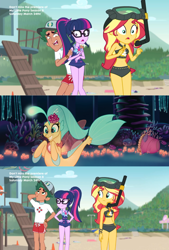 Size: 1920x2832 | Tagged: safe, edited screencap, imported from derpibooru, screencap, princess skystar, sci-twi, sunset shimmer, timber spruce, twilight sparkle, seapony (g4), equestria girls, equestria girls series, my little pony: the movie, unsolved selfie mysteries, angry, beach, bikini, blushing, clothes, comic, cute, disappointed, geode of empathy, geode of telekinesis, ponytail, screencap comic, swimsuit, unamused