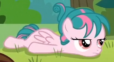 Size: 234x128 | Tagged: safe, imported from derpibooru, screencap, tulip swirl, pegasus, pony, marks and recreation, cropped, female, filly, picture for breezies, prone, solo, tired