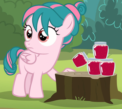 Size: 1168x1044 | Tagged: safe, imported from derpibooru, screencap, tulip swirl, pegasus, pony, marks and recreation, cropped, female, filly, food, jam, jar, solo, tree stump