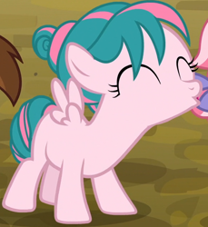 Size: 582x636 | Tagged: safe, imported from derpibooru, screencap, kettle corn, tulip swirl, pegasus, pony, marks and recreation, cropped, eyes closed, female, filly, solo focus