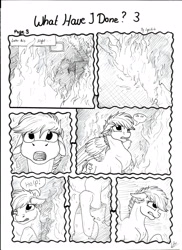 Size: 2550x3506 | Tagged: safe, artist:lupiarts, imported from derpibooru, oc, oc only, oc:chess, comic:what have i done, black and white, comic, dream, fire, grayscale, monochrome, nightmare, sad, traditional art