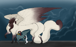 Size: 2048x1271 | Tagged: safe, artist:pantheracantus, imported from derpibooru, oc, oc only, pegasus, pony, wolf, colored, female, giantess, macro, size difference