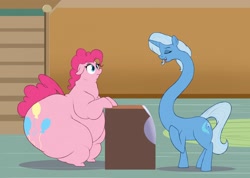 Size: 1280x912 | Tagged: safe, artist:astr0zone, imported from derpibooru, pinkie pie, trixie, earth pony, pony, unicorn, belly, big belly, duo, fat, huge belly, huge butt, impossibly long neck, large belly, large butt, long neck, morbidly obese, necc, obese, piggy pie, pudgy pie, sugarcube corner, talking