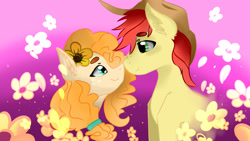 Size: 1920x1080 | Tagged: safe, artist:dankpegasista, imported from derpibooru, bright mac, pear butter, brightbutter, buttercup, curly hair, female, flower, hat, looking at each other, looking at someone, love, male, parent, pink background, shipping, simple background, straight