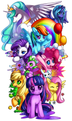 Size: 600x1000 | Tagged: safe, artist:jiayi, imported from derpibooru, angel bunny, applejack, fluttershy, pinkie pie, princess celestia, princess luna, rainbow dash, rarity, spike, twilight sparkle, alicorn, dragon, earth pony, pegasus, pony, rabbit, unicorn, balloon, cowboy hat, cute, cutelestia, dashabetes, diapinkes, female, flower, hat, jackabetes, lunabetes, mane seven, mane six, mare, paw pads, raribetes, shyabetes, simple background, spikabetes, transparent background, twiabetes, unicorn twilight