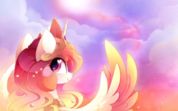 Size: 2788x1744 | Tagged: safe, artist:magnaluna, imported from derpibooru, princess celestia, alicorn, pony, bust, colored wings, cute, cutelestia, female, heart eyes, jewelry, looking at you, looking back, portrait, profile, regalia, sky, smiling, solo, spread wings, sweet dreams fuel, wingding eyes, wings