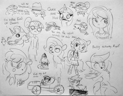 Size: 1812x1412 | Tagged: safe, artist:tjpones, imported from derpibooru, carrot top, fluttershy, golden harvest, rainbow dash, rarity, sci-twi, spike, twilight sparkle, wallflower blush, zecora, oc, alicorn, anthro, dragon, duck, duck pony, earth pony, pegasus, pony, skeleton pony, unguligrade anthro, unicorn, zebra, equestria girls, anthro with ponies, backpack, black and white, bone, bust, chest fluff, clothes, dialogue, female, glasses, grayscale, hat, lineart, mare, monochrome, nerd, open mouth, raised hoof, rocket, simple background, sitting, skeleton, sketch, sketch dump, skull, standing, standing on one leg, sunglasses, teary eyes, tongue out, traditional art, trenchcoat, twilight sparkle (alicorn)