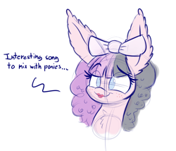 Size: 1050x900 | Tagged: safe, artist:heir-of-rick, imported from derpibooru, earth pony, pony, bow, bust, chest fluff, dialogue, dollhouse, ear fluff, female, freckles, impossibly large ears, mare, melanie martinez, no pupils, ponified, solo