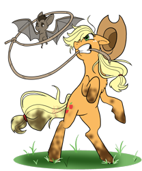 Size: 1024x1229 | Tagged: safe, artist:theluckyblackcatlbc, imported from derpibooru, applejack, earth pony, pony, vampire fruit bat, bats!, dirty, female, lasso, mare, mouth hold, rearing, rope, simple background, solo, transparent background