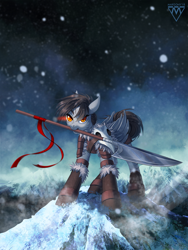 Size: 980x1300 | Tagged: safe, artist:margony, imported from derpibooru, oc, oc only, pegasus, pony, boots, clothes, commission, female, floppy ears, glaive, looking at you, mare, mountain, mouth hold, scenery, shoes, snow, solo, weapon, ych result