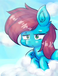 Size: 1700x2200 | Tagged: safe, artist:jetjetj, imported from derpibooru, oc, oc only, unnamed oc, pegasus, pony, cloud, female, frown, mare, solo, tired