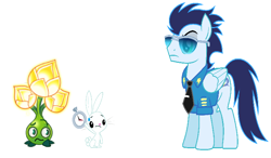 Size: 728x426 | Tagged: safe, artist:drypony198, imported from derpibooru, angel bunny, soarin', pegasus, pony, rabbit, clothes, flower, gold bloom, necktie, plants vs zombies, plants vs zombies 2: it's about time, police uniform, simple background, sunglasses, watch, white background