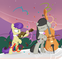 Size: 1000x952 | Tagged: safe, artist:erthilo, imported from derpibooru, octavia melody, symphony, earth pony, pony, ask octavia, bipedal, cello, confetti, duo, duo female, female, mare, musical instrument, violin