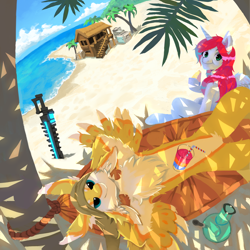 Size: 2200x2200 | Tagged: safe, artist:francisart, imported from derpibooru, oc, oc only, oc:shining watermelon, alicorn, avali, beach, beach house, bong, hammock, juice, looking at you, relaxing, starbound, sword, weapon