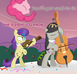 Size: 1000x952 | Tagged: safe, artist:erthilo, imported from derpibooru, octavia melody, pinkie pie, symphony, earth pony, pony, ask octavia, bipedal, cello, confetti, eyes closed, female, in which pinkie pie forgets how to gravity, mare, musical instrument, pinkie being pinkie, pinkie physics, violin