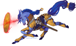 Size: 3508x2098 | Tagged: safe, artist:sitaart, imported from derpibooru, oc, oc only, oc:crossed guard, pony, unicorn, ponyfinder, armor, blue fur, blue hair, blue mane, dungeons and dragons, fantasy class, female, hoers, knight, magic, mare, paladin, pathfinder, pen and paper rpg, red eyes, rpg, shield, signature, simple background, solo, sword, telekinesis, transparent background, warrior, weapon