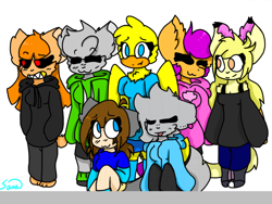 Size: 2048x1536 | Tagged: safe, artist:butterlovessans, imported from derpibooru, scootaloo, oc, oc:amber, oc:ember, oc:polly, oc:ponytale scootaloo, oc:susan, anthro, human, comic:ponytale, canon x oc, female, lesbian, non-mlp oc, scootamber