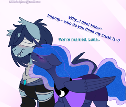 Size: 1061x900 | Tagged: safe, artist:eve-of-halloween, deleted from derpibooru, imported from derpibooru, princess luna, oc, oc:intemp, alicorn, dracony, hybrid, pony, unicorn, ask motherly luna, bandage, blind, canon x oc, female, male, predorus, straight