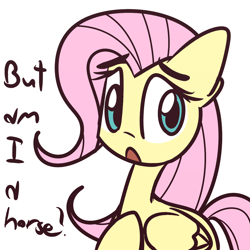 Size: 1280x1280 | Tagged: safe, artist:lilboulder, imported from derpibooru, fluttershy, pegasus, pony, am i a horse, bust, cute, dialogue, female, folded wings, mare, shyabetes, simple background, solo, white background, wings