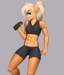 Size: 1800x2100 | Tagged: safe, artist:elzzombie, imported from derpibooru, applejack, anthro, earth pony, abs, alternate hairstyle, applejacked, clothes, female, looking at you, mare, muscles, ponytail, simple background, solo, sports bra, sports shorts