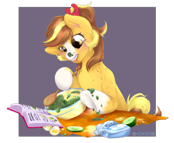 Size: 1100x900 | Tagged: safe, artist:tokokami, imported from derpibooru, oc, oc only, pony, art trade, book, cucumber, egg, flour, food, solo, tongue out, warthpony