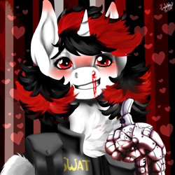 Size: 1024x1024 | Tagged: safe, artist:brainiac, imported from derpibooru, oc, oc only, oc:blackjack, cyborg, fallout equestria, fallout equestria: project horizons, blood, blushing, chest fluff, female, mare, nosebleed, reaction image, solo, swat, thumbs up