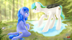 Size: 933x525 | Tagged: safe, artist:tokokami, imported from derpibooru, oc, oc only, oc:looic, oc:shadow blue, earth pony, pegasus, pony, animated, commission, crepuscular rays, cute, eye contact, female, forest, looking at each other, love, male, oc x oc, raised hoof, shadooic, shipping, straight, tree, ych result