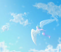 Size: 2523x2162 | Tagged: safe, artist:kimsteinandother, imported from derpibooru, princess celestia, alicorn, pony, cloud, female, flying, rear view, sky, solo